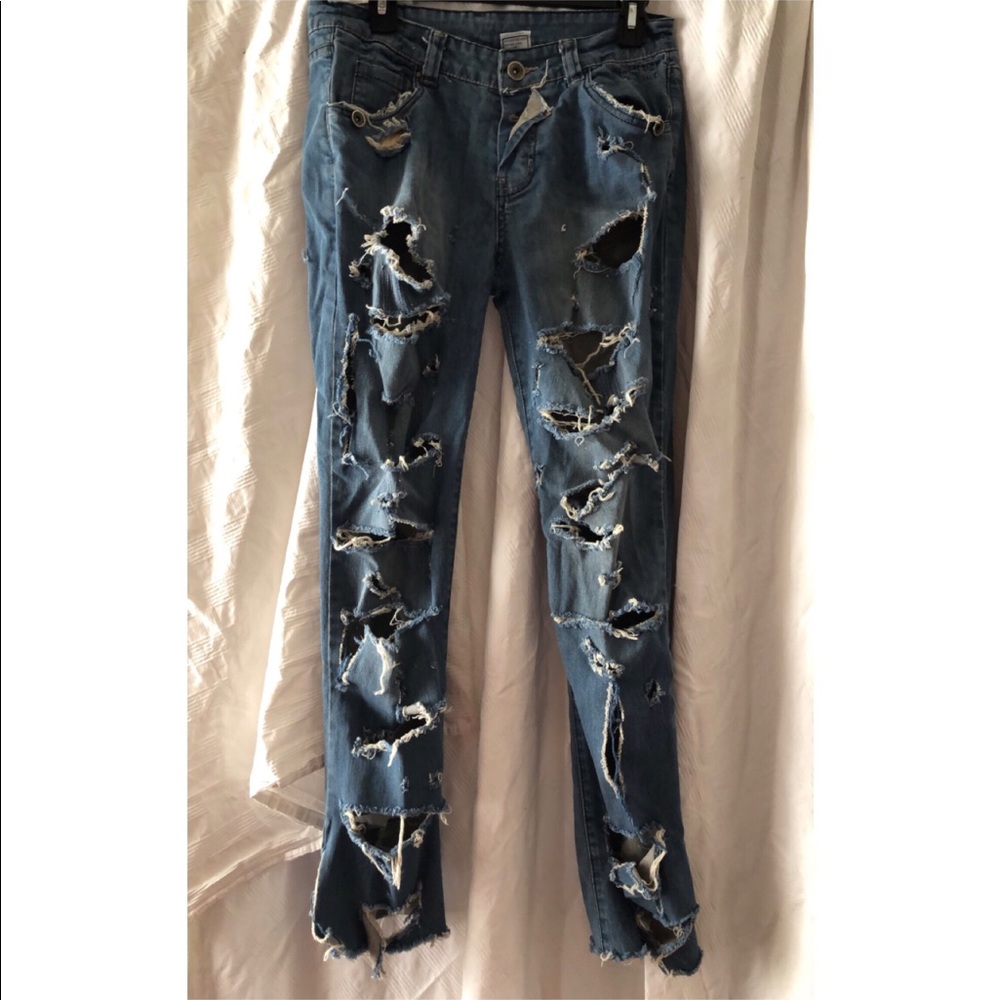 Destroyed Distressed Ripped Jeans Denim, Waist 32 - Picture 4 of 6